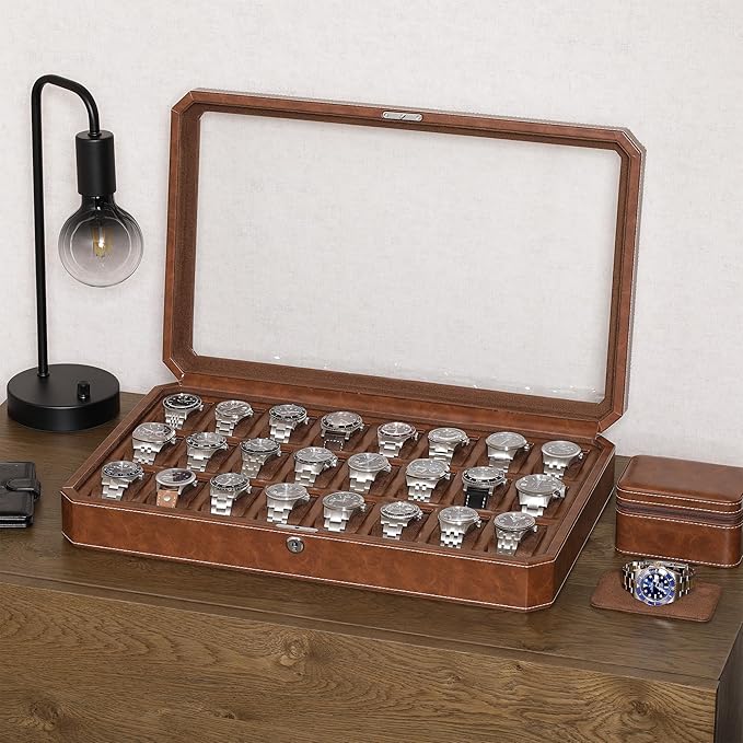 ROTHWELL 24 Slot Watch Case with Lock – Luxury Watch Box to Display and Organize Your Collection | Real Glass Top | Premium Storage for Collectors (Tan/Brown)