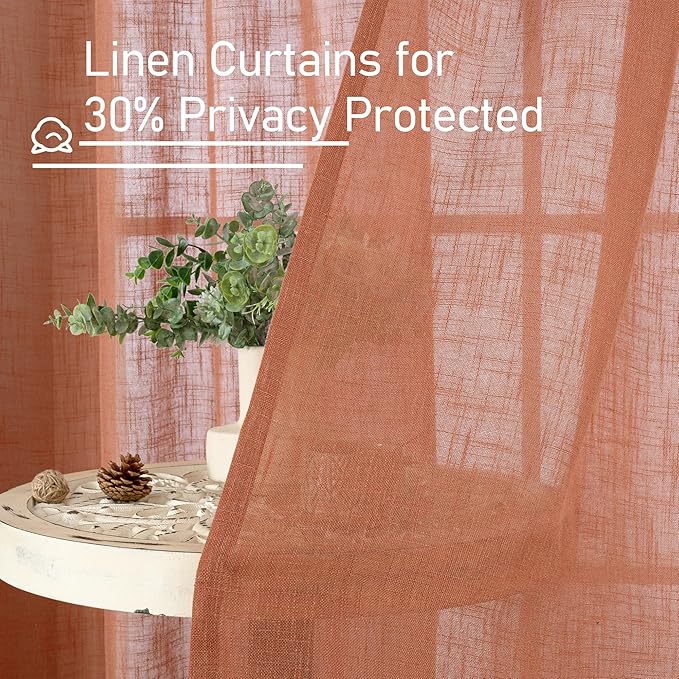 LAMIT Terracotta Linen Curtains 63 Inch for Bedroom, Light Filtering Neutral Semi Sheer Window Boho Curtains Back Tab and Rod Pocket Panels for Living Room, 2 Panels, 52 x 63 Inch