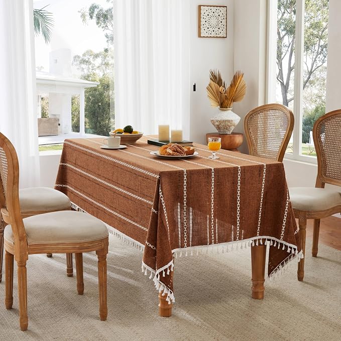 ZeeMart Hemstitched Embroidery Striped Boho Tablecloth 60x60 Inch Caramel, Heavy Weight Farmhouse Burlap Linen Orange Brown Tablecloth, Wrinkle Resistant Washable Table Cloth for Square Table