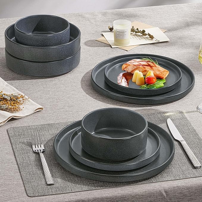 Herogo Dinnerware Dishes Sets with Salad Bowls, 24 Piece Plates and Bowls for 6, Dishwasher & Microwave Safe Ceramic Stoneware for Kitchen, Dark Gray