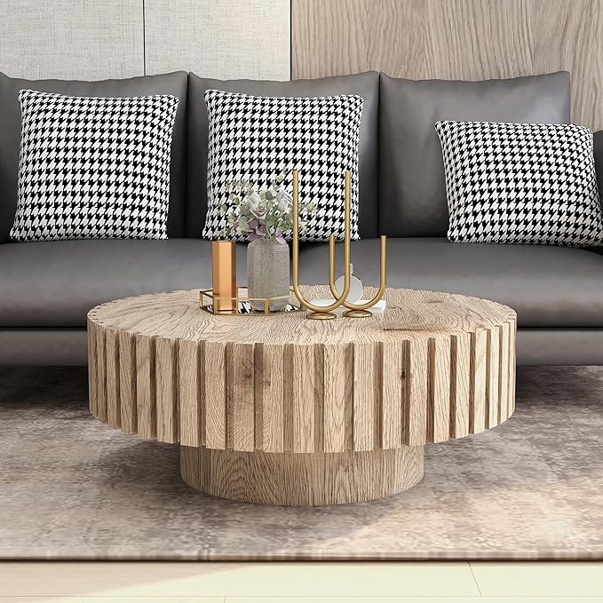 Circle Coffee Table 31.5" Rustic Round Wood Center Table Accent Drum End Tea Table for Living Room Apartment Small Space,with Fluted Relief Side, Natural