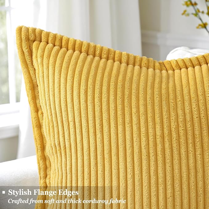 decorUhome Summer Corduroy Mustard Yellow Euro Sham Throw Pillow Covers 22x22 Set of 2 Decorative Soft Boho Farmhouse Couch Pillow Covers for Living Room Bed Sofa Broadside Striped Pillow Cases