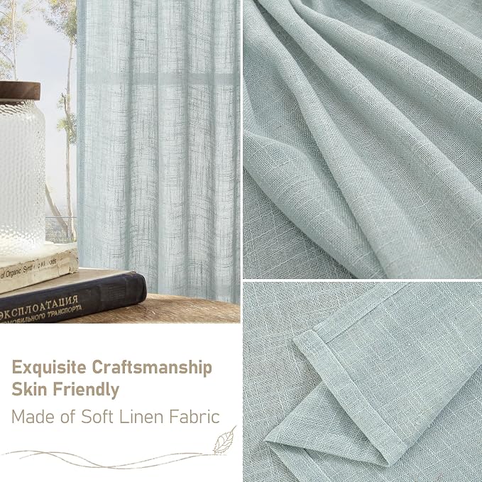 LAMIT Short Linen Curtains 30 Inch Length for Small Windows, Semi Sheer Light Filtering Panels Bronze Grommet Cafe Drapes for Half Window, Greyish Blue, 2 Panels, 34 x 30 Inch