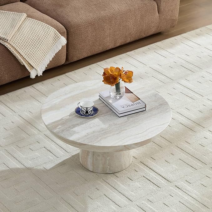 31.5" Round Coffee Table with Round Pedestal, Fiberglass Faux Marble Tabletop for Living Room, Modern Circle Center Table Tea Table for Apartment, Office, Beige Mars Pattern
