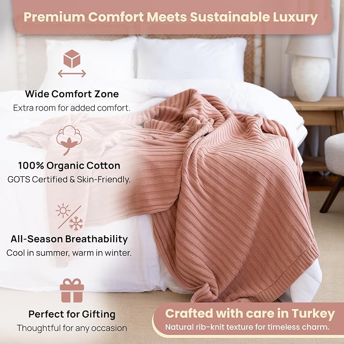Dalisa 100% Organic Cotton Knit Blanket Denise, Soft and Lightweight, Breathable All-Season Throw for Sofa, or Lounge Area -GOTS Certified-Perfect for Home and Bedroom Styling (Light Rose, 50x60)