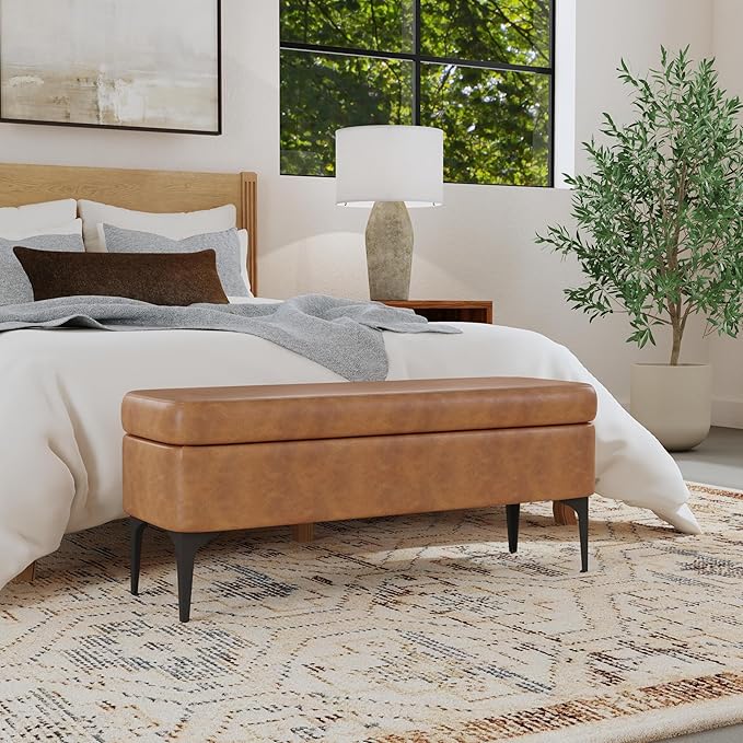 HomePop Upholstered Storage Bench with Metal Leg, 42" W, Carmel Faux Leather