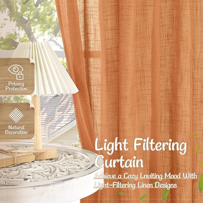 LAMIT Sheer Linen Curtains for Living Room 90 inch Length 2 Panels, Light Filtering Panels Back Tab and Rod Pocket Farmhouse Drapes for Bedroom/Sliding Glass Door, Burnt Orange, 52 x 90 Inch