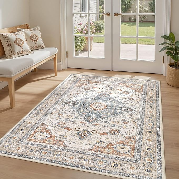 3X5 Rug Washable Area Rugs: Boho Neutral Vintage Soft Rugs Stain Resistant Distressed Farmhouse Non-Slip Indoor Floor Carpet for Entryway Closet Front Door Kitchen Bedroom Bedside Dorm- Beige Blue