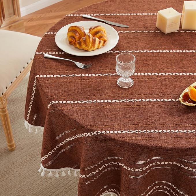 ZeeMart Hemstitched Embroidery Striped Boho Tablecloth 54 Inch Round Terracota, Heavy Weight Farmhouse Burlap Linen Terracota Tablecloth, Wrinkle Resistant Washable Table Cloth for Round Table