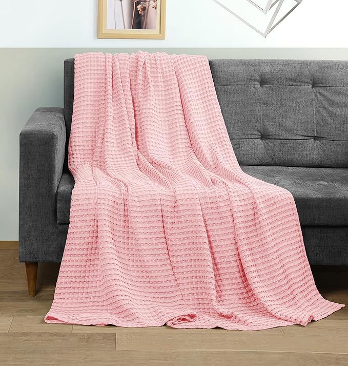 Utopia Bedding 100% Cotton Waffle Weave Blanket Twin Size for Bed - Lightweight, Breathable Summer Blankets for Couch Sofa Soft and Cozy, Gift for Mother’s Day Home Decor (Pink, 90x72 Inch)