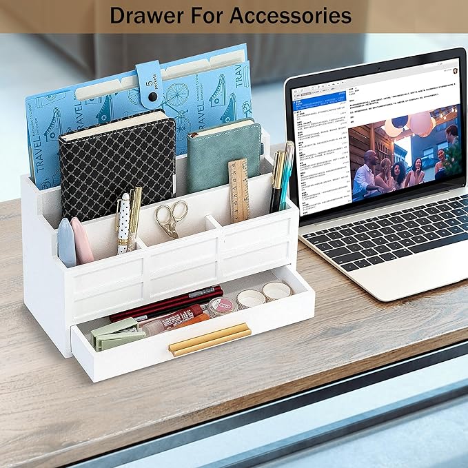 dreampossible white Wood Desk Organizer and Accessories with Drawer, Bill Mail Organizer and File Mail Holder for Office Supplies, Rustic Desk Accessories & Workspace Organizers for Desk Organization