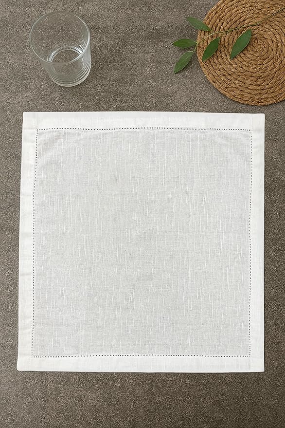 Ramanta Home Hemstitched Dinner Napkins Set of 12 -White, 18x18 Inch- Premium Textured Cotton Soft Cloth Napkins- Use Reusable Slub Fabric Table Napkins for Everyday Dining, Weddings, Spring & Easter