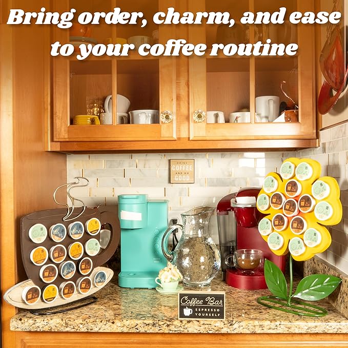 Made Easy Kit Front Facing Countertop Coffee Pods Holder - Compatible with K-Cups Practical meets Whimsical - Coffee Bar Decor for Home Café Kitchen Nook (Brown Coffee Cup)