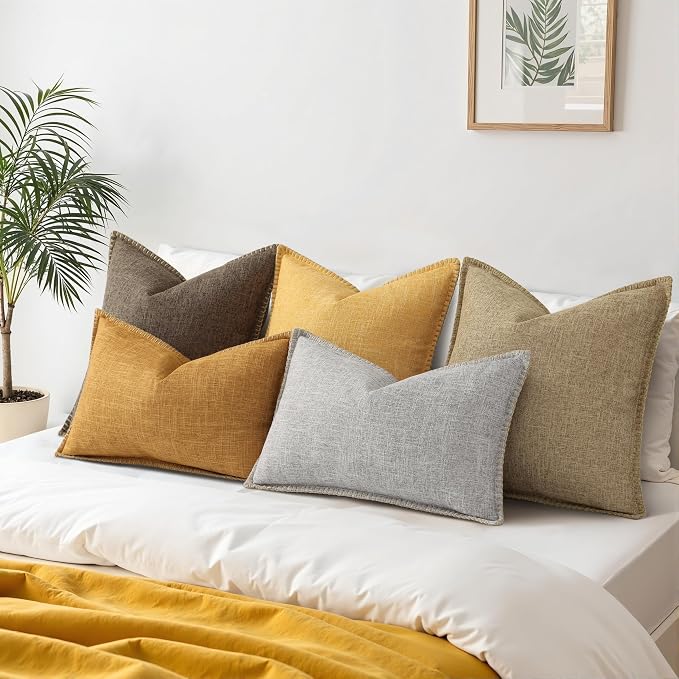 decorUhome Summer Decorative Throw Pillow Covers 26x26 Set of 2 Square Faux Linen Farmhouse Euro Sham Pillow Covers with Stitched Edge Outdoor Neutral Pillow Covers for Couch Sofa Living Room, Khaki