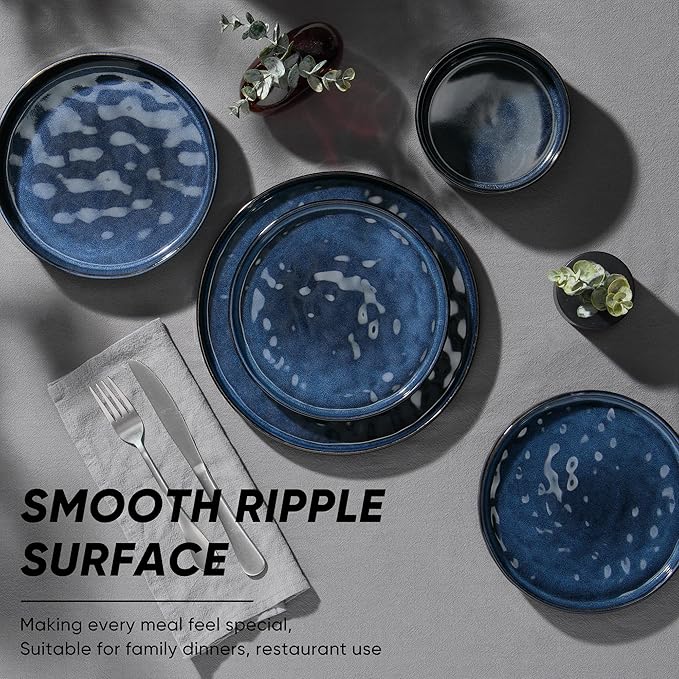 E-far 16-Piece Plates and Bowls Sets with Pasta Bowls - Stoneware Dinnerware Set for 4, Modern Ribbed Dishes, Microwave & Dishwasher Safe, Starry Blue