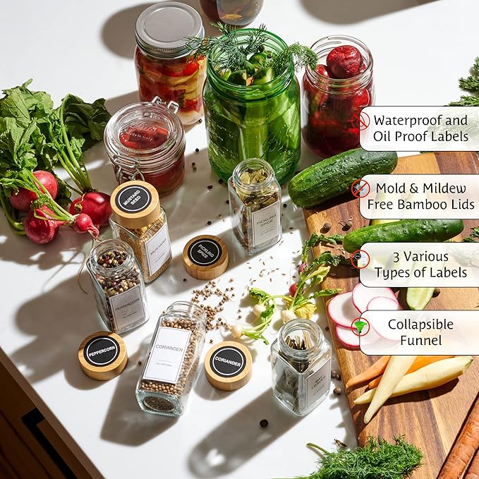 24-Piece Spice Jars Set by Le'raze: Glass Jars with Bamboo Lids, Labels & Funnel, Airtight Kitchen Storage