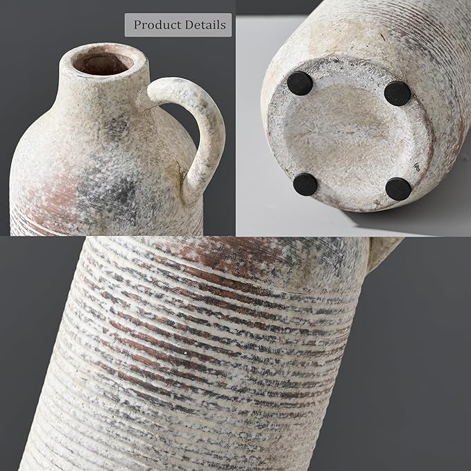 PORCER Ceramic Rustic Vase for Home Decor, Terracotta Vase with Handle, Handcrafted Vintage Decorative Flower Vase for Farmhouse, Living Room, Table, Fireplace, Nightstand - Natural Brown