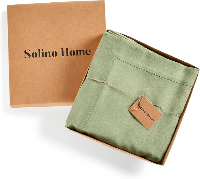 Solino Home Linen Tablecloth 60 x 108 Inch - 100% Pure Linen Chambray Olive Table Cloth for Rectangle Tables - Athena, Machine Washable Tablecloth for Summer