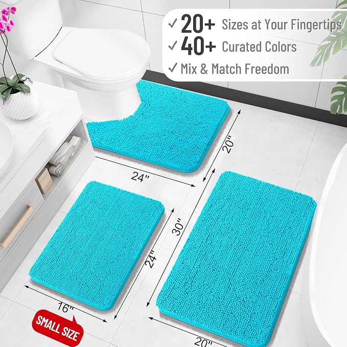 OLANLY Bathroom Runner Rugs 47x20, Soft Absorbent Chenille Bath Rugs, Rubber Backing Quick Dry, Machine Washable Long Bath Mats for Bathroom Floor, Tub and Shower, Home Decor Accessories, Aqua Sky