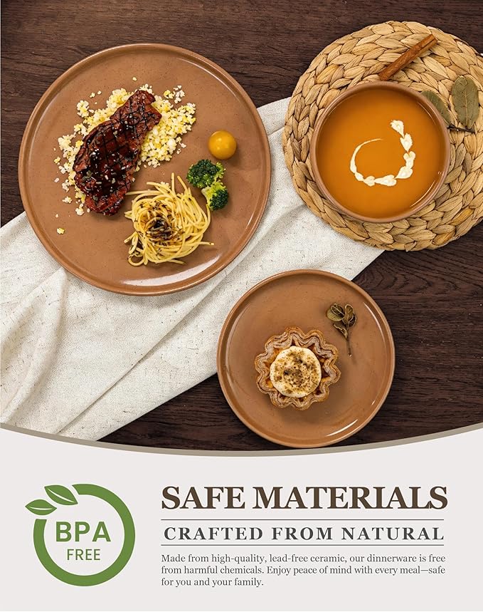 OTAGO 24-Piece Dinnerware Sets for 6, Ceramic Plates and Bowls Set with Partially Unglazed Base, Handcrafted Look, Stoneware Dishes Set for Kitchen, Brown, Dinner & Dining, Microwave & Dishwasher Safe