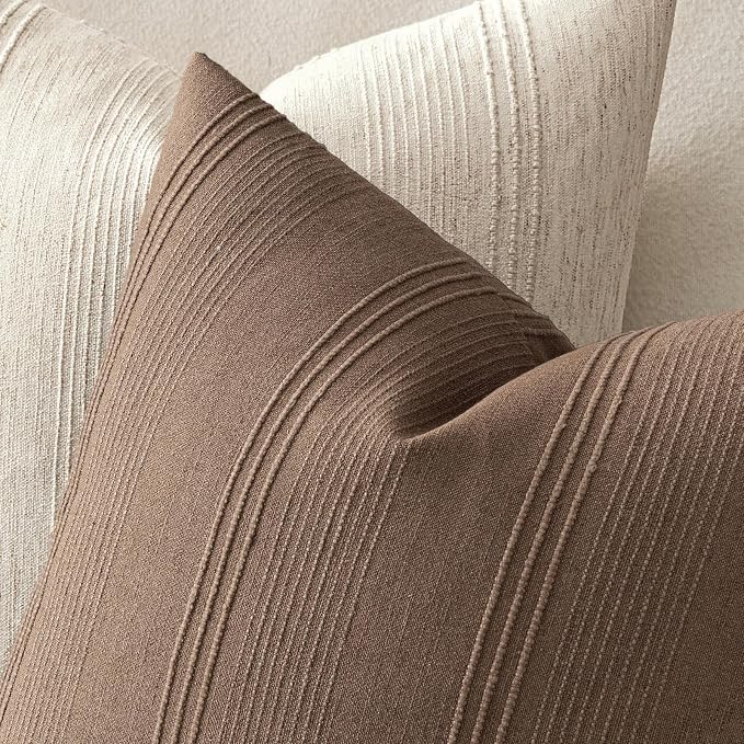 MIULEE Striped Euro Sham Pillow Covers 24x24 Decorative Textured Throw Pillow Covers Pack of 2 Linen Cushion Cases for Couch Bed Sofa Livingroom Farmhouse Home Decor, Coco Brown