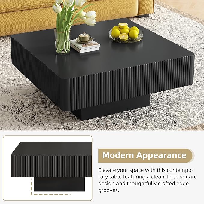 Merax Modern 31.6" W Square Coffee Table with Sturdy Base, Wood Center Tables for Living Room Reception Room, Easy Assemble, Black