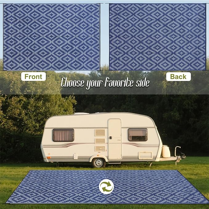 SAND MINE Reversible Mats, Plastic Straw Rug, Modern Area Rug, Large Floor Mat and Rug for Outdoors, RV, Patio, Backyard, Deck, Picnic, Beach, Trailer, Camping, Dark Blue & Grey, 10' x 14'