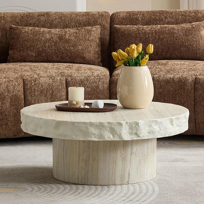 31.69" Round Coffee Table with Round Pedestal, Fiberglass Faux Marble Tabletop for Living Room, Modern Circle Center Table Tea Table for Apartment, Office, Beige Mars Pattern