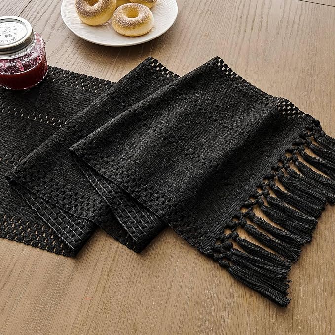 ZeeMart Macrame Style Boho Table Runner, Black Table Runners 60 Inches Long, Farmhouse Woven Home Decor, 12x60 Inch, Black