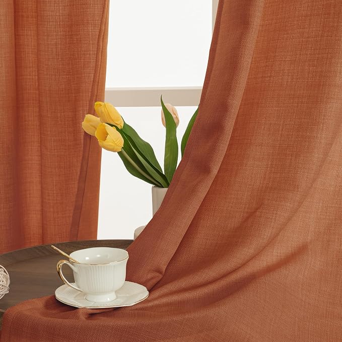 LAMIT Terracotta Linen Curtains 90 Inch for Living Room, Light Filtering Fall Western Decor Panels, Grommet Boho Farmhouse Rustic Drapes for Bedroom, 2 Panels Set, 52 x 90 Inch