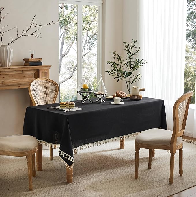 Linen Tablecloth with Tassels, Farmhouse Style Black Tablecloth, Water Resistant Burlap Tablecloths for Rectangle Table, 60x120 Inch Black