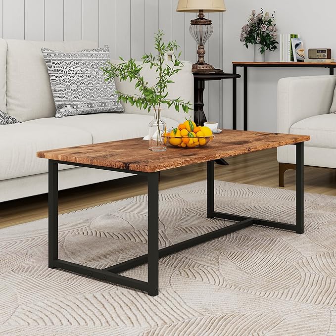 Coffee Table Rectangular Center Table for Living Room Open Space Side Table with Metal Frame, Easy Assembly, Black+ Rustic Brown Wood Coffee Table