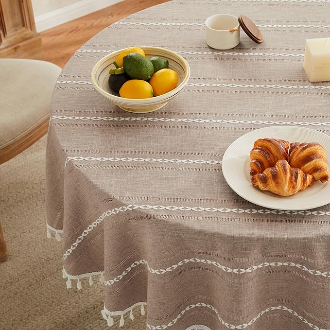 ZeeMart Hemstitched Embroidery Striped Boho Tablecloth 60 Inch Round Taupe, Heavy Weight Farmhouse Burlap Linen Light Brown Tablecloth, Wrinkle Resistant Washable Table Cloth for Round Table