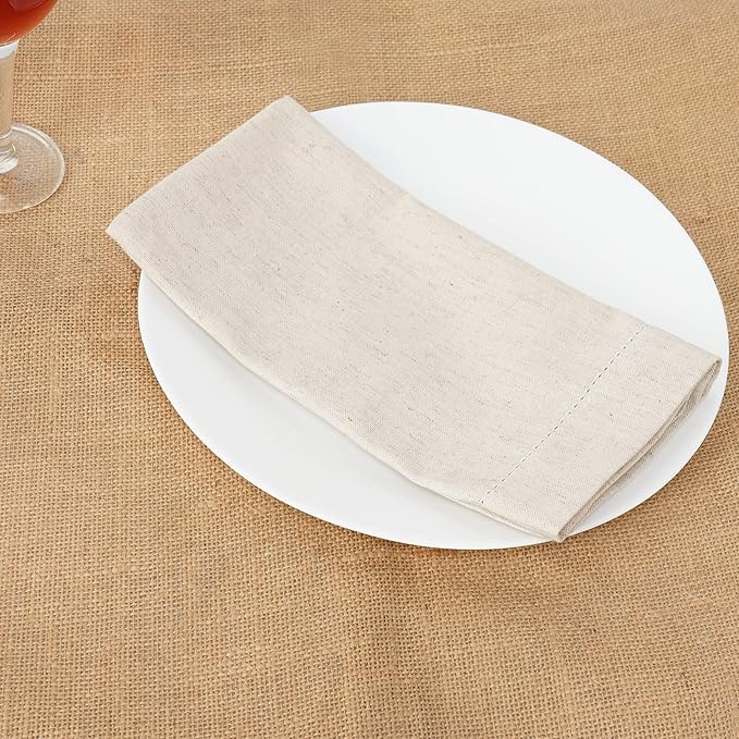 SweetNeedle - (Pack of 12) - Linen Flax Napkins with Hemstitched Handmade Designer Dinner Cloth Napkins 20x20 in in Natural - Premium Look, Flax Cotton Blend - 100% Cellulose Natural Fiber