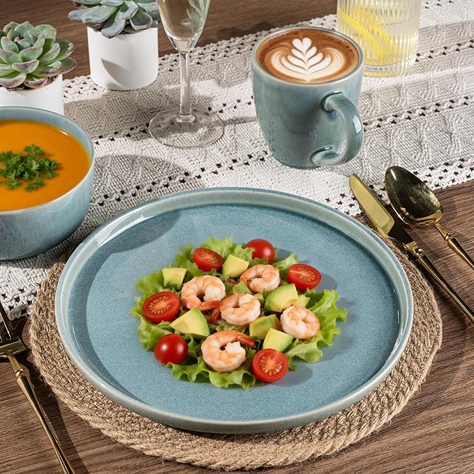 GBHOME Ceramic Dinnerware Sets for 8, 24 Pieces Stoneware Plates and Bowls Sets, Scratch Resistant Dishes, Dishwasher & Microwave Safe, Reactive Glaze-Malachite Green