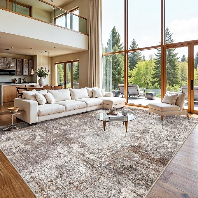 12x15 Area Rug Living Room Washable – Extra Large Modern Neutral Abstract Soft Carpet for Bedroom Dining Room, Non-Slip Low Pile Room Size Rug (Brown Beige,12x15)