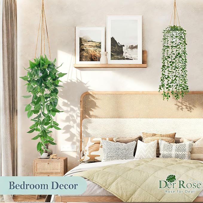 Der Rose 4Pcs Fake Plants Hanging Artificial Ivy Vine Faux Eucalyptus Hanging Plants, Boston Fern, String of Pearls for Living Room Bedroom Boho Wall Shelf Indoor Outdoor Decor (White Pots)