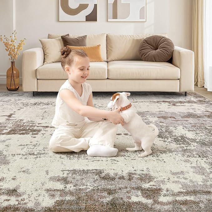 UERMEI 6x9 Area Rug Living Room Rugs - Washable Neutral Modern Abstract Soft Thin Rug Indoor Floor No Slip Rug Carpet for Bedroom Under Dining Table Home Office Decor - Brown/Grey/Beige