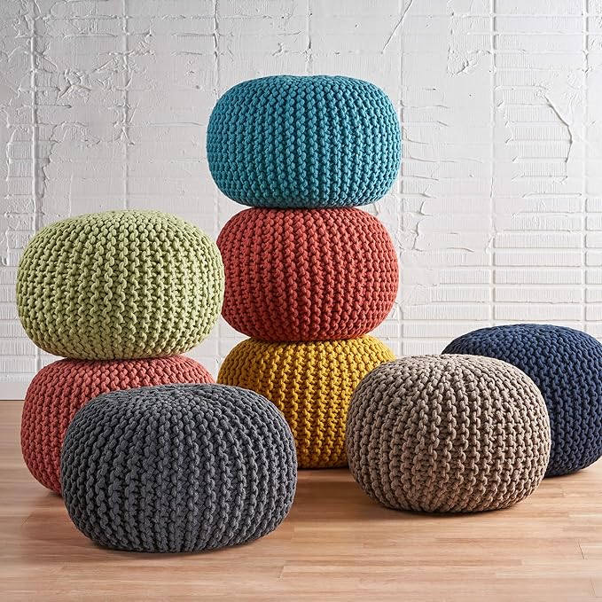 GDFStudio Handcrafted Modern Cotton Pouf Ottoman Foot Stool - Bean Bag Floor Chair - Foot Rest Couch for Living Room Bedroom, Brown