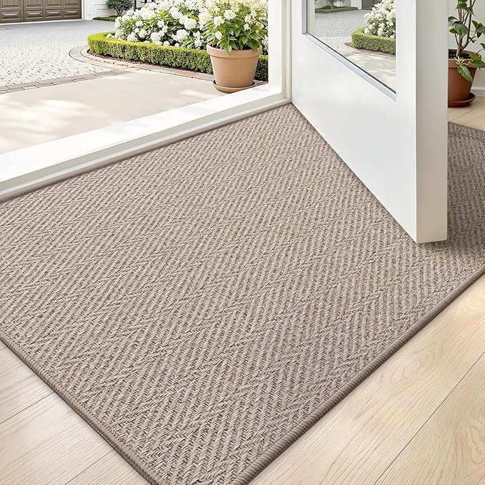 LUMI Ultra Thin Indoor Door Mat for Entrance 24"x36", Non Slip Entryway Mat, Low Profile Doormat, Unique Herringbone Design Carpet for Inside, Patio, Porch, Dark Beige