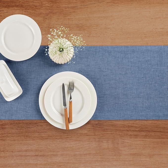 Solino Home Linen Table Runner 120 Inches Long - Athena, 100% Pure Linen Blue Denim Dining Table Runner 14 x 120 Inch for Summer