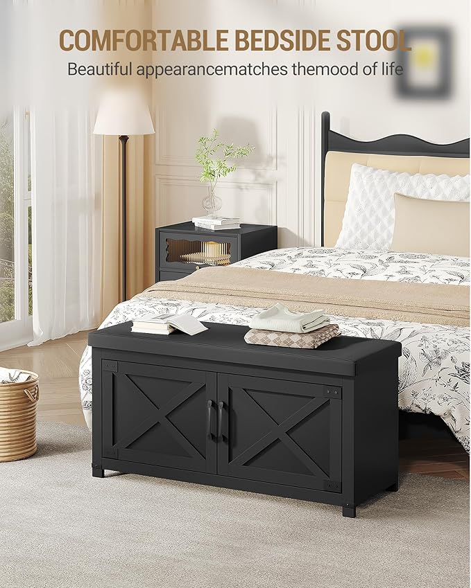 Hzuaneri Shoe Storage Bench, 2 Tier Shoe Bench with Padded Seat Cushion & 2 Barn Doors, Entryway Bench with Adjustable Shelf, Farmhouse Shoe Cabinet for Living Room, Bedroom, Black SB26606BK