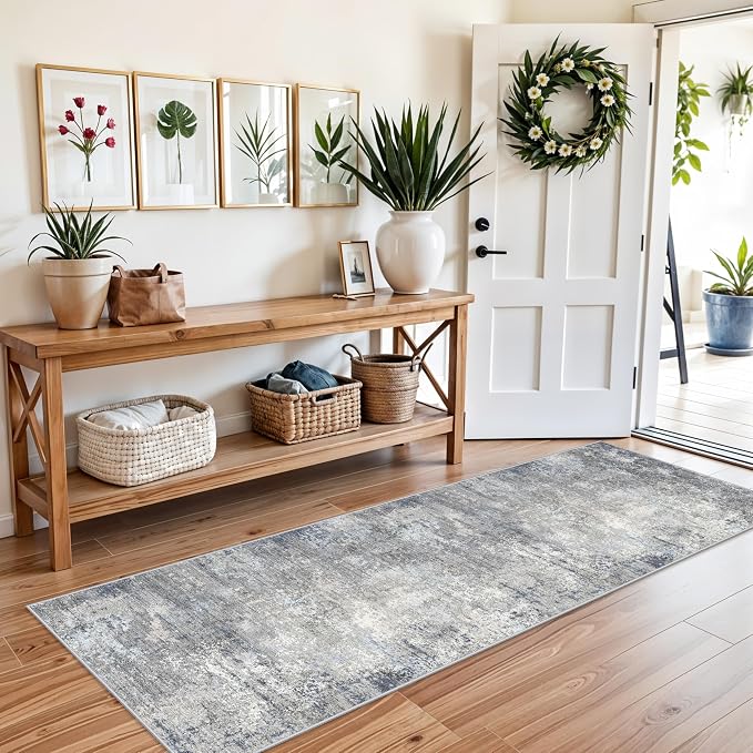 2x8 Washable Non-Slip Hallway Runner Rug – Modern Coastal Abstract Neutral Stain-Resistant Low-Pile Carpet Runner for Kitchen Entryway Bedroom Bathroom (Blue Gray,2x8)