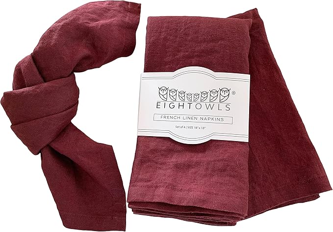 Linen Napkins –100% French Flax – Stonewashed Pure Linen Cloth Napkins - Size 18 Inch x 18 Inch – Set of 4 (Plum Burgundy)