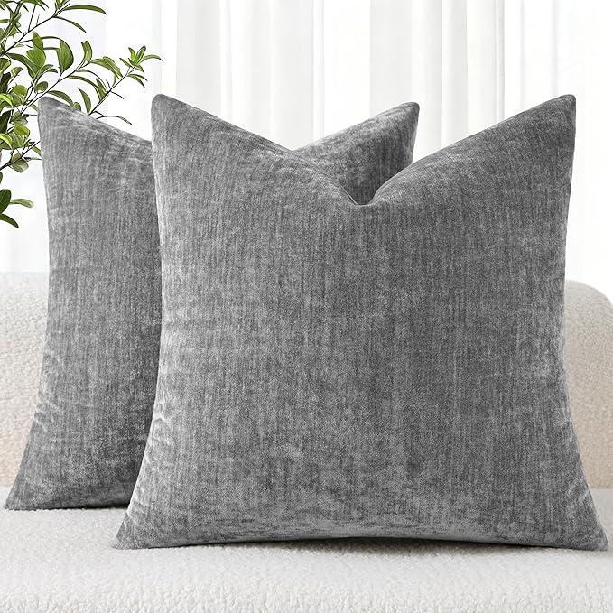 decorUhome Chenille Dark Grey Throw Pillow Covers 24x24 Inch Set of 2, Decorative Soft Couch Pillow Covers Solid Dyed Accent Velvet Farmhouse Neutral Square Pillow Cases for Sofa Bed Living Room