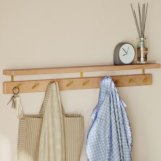 Solid Wood Wall Hooks with Shelf, Coat Rack Wall Mount, Entryway Hanging Shelf with 9 Brass Hooks for Hats, Clothes, Towels, Bags, Beech Wood, Natural