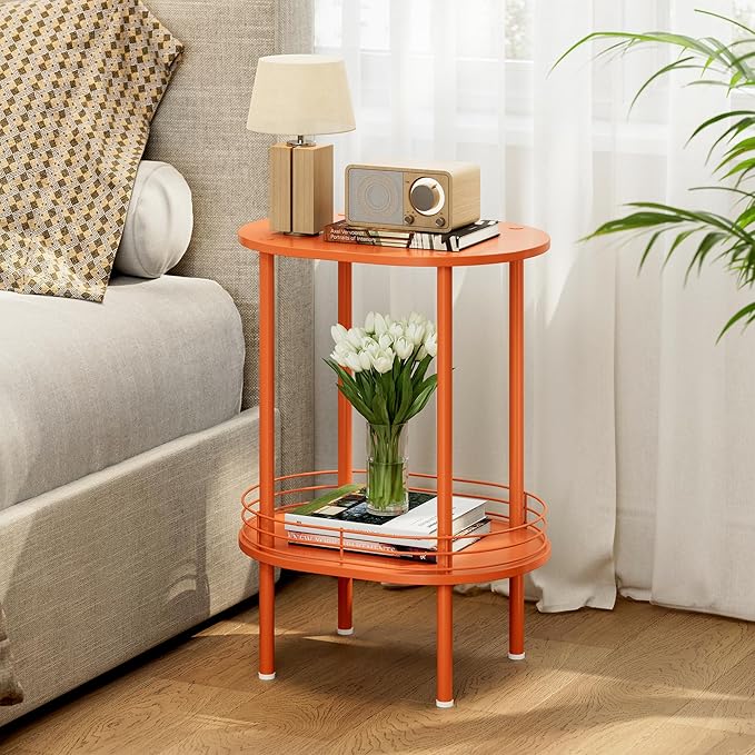 Small Modern Round Side Table Set of 2,2-Tier Side Tables Living Room,Sturdy Nightstand for Small Space - Living Room, Bedroom, Bathroom, Nursery,（2 PC,Orange）