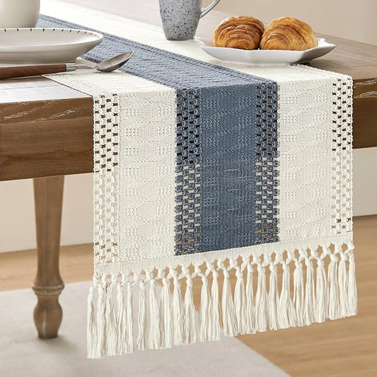 ZeeMart Macrame Style Bicolor Stitching Table Runner, 14 x 108 Inch Navy/Ivory, Boho Navy Blue Table Runners 108 Inches Long, Farmhouse Woven Home Decor