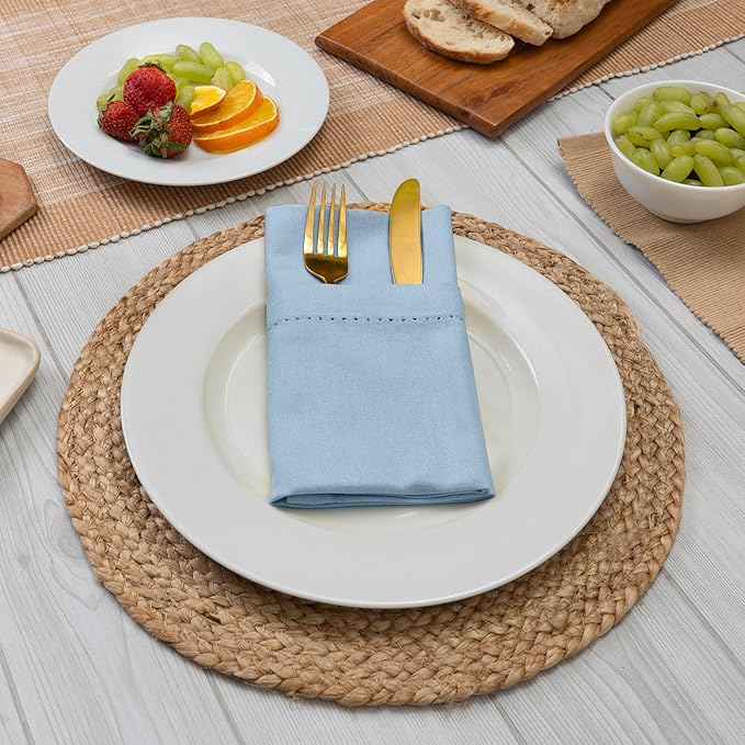 Blue Needles Set of 6 Hemstitch Linen Napkins 100% Cotton Ice Blue Cloth Dinner Napkins 18x18 inches - Spring Summer Easter - Soft, Reusable, Absorbent, Washable, Ideal for Parties & Everyday Use