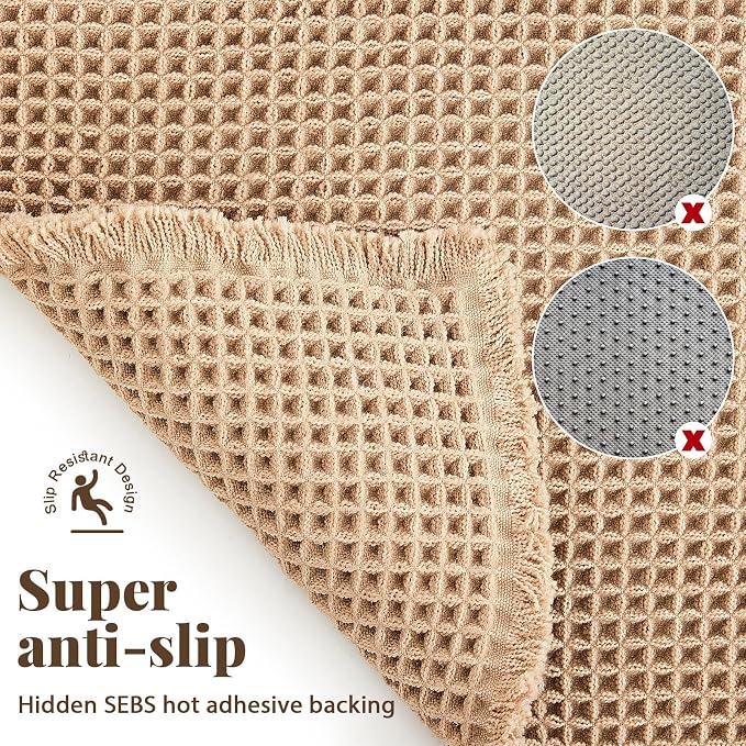 Tinideya Waffle Bath Mat Set of 2 Ultra Absorbent Non-Slip Bathroom Rugs Machine Washable Quick Dry for Shower Bathroom Kitchen Floor, Low Profile Fits Under Door, 18 x 30'' + 24 x 36''(Brown)